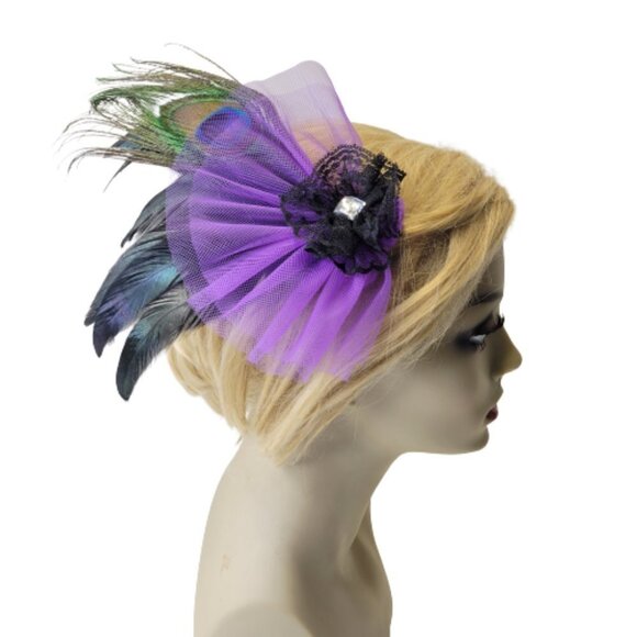 Purple Feathers Fascinator Peacock Feathers Tulle Hair Accessory Br… - Picture 1 of 11